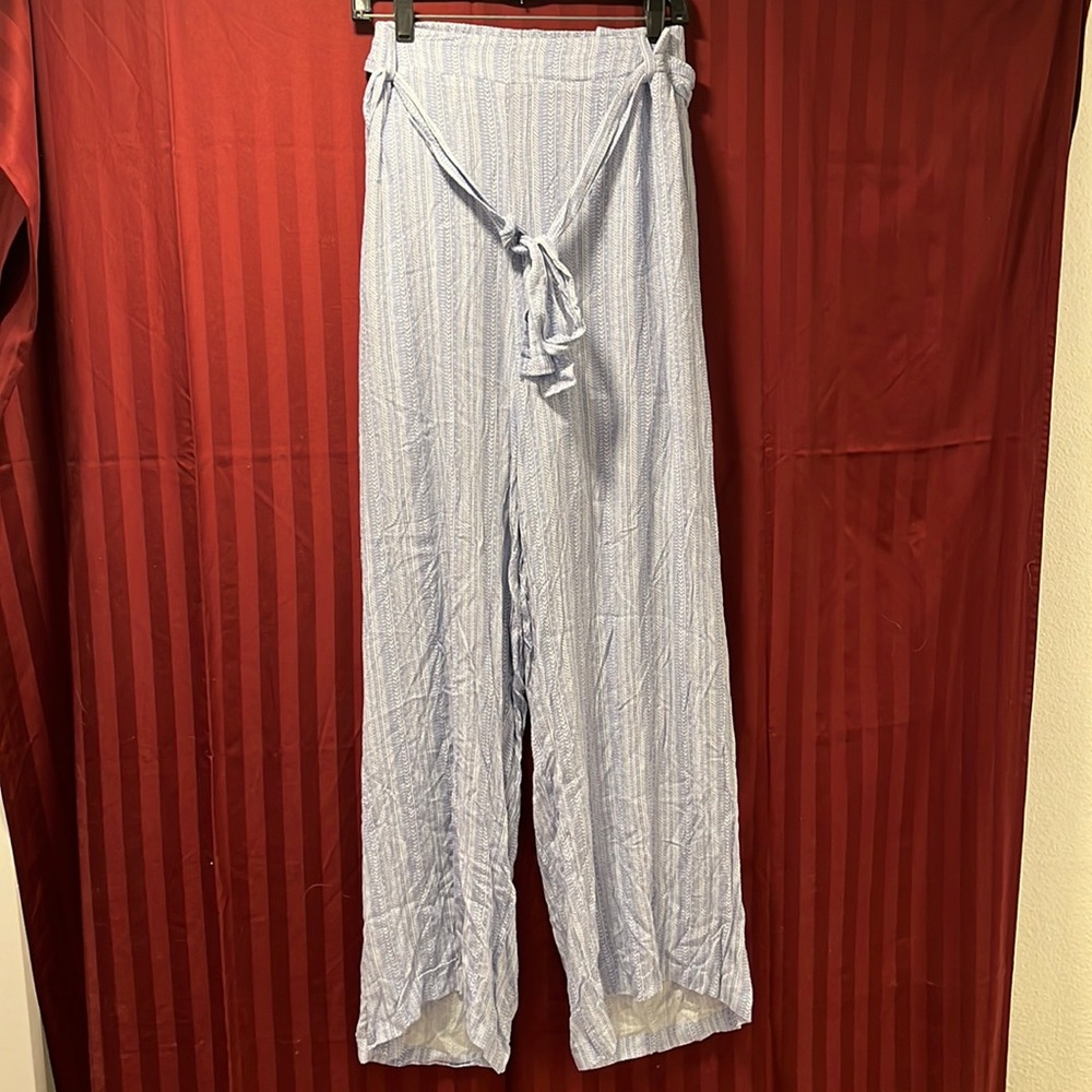 NWT Torrid 3 - light blue boho vertical stripe, gauze, wide leg, belted pants - Picture 2 of 13